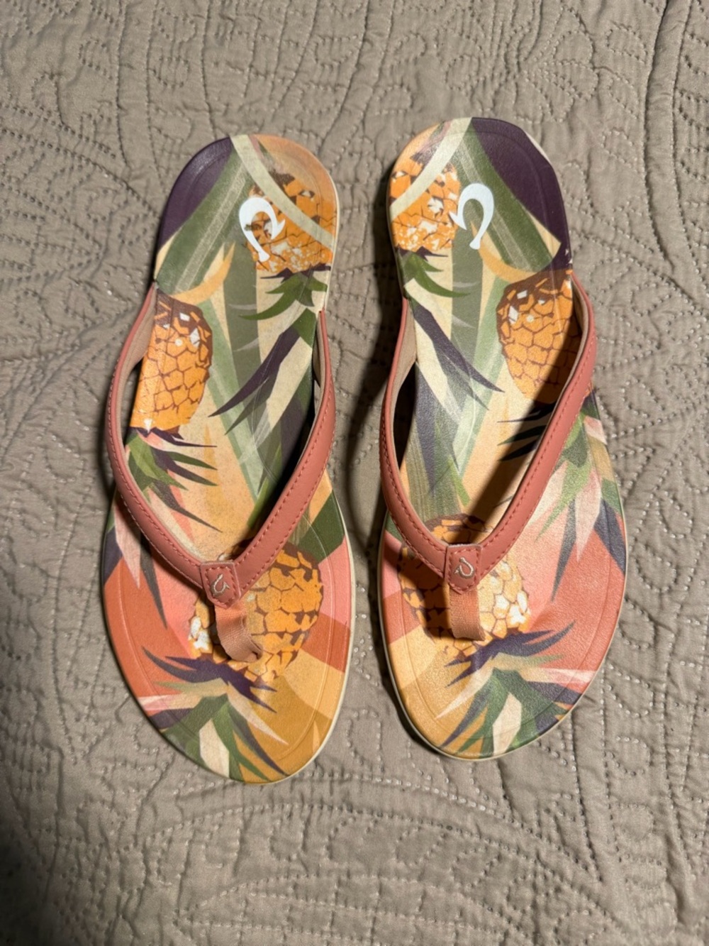 Olukai Colorful Pineapple Print Flip Flops with Pink Straps